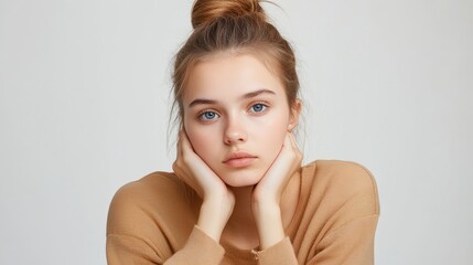 Beautiful Young Woman with Blue Eyes and Blonde Hair Posing with Hands on Face - This image showcases a beautiful young woman with blonde hair pulled back in a bun, and she has clear blue eyes.  She's