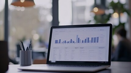 Fototapete - A laptop opened to a screen showing a bar graph and detailed analytics is placed in an office setting where professionals are conducting a meeting in the background.