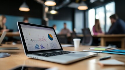 Leinwandbilder - A laptop displaying detailed pie charts and statistical data is placed on a table in the context of a group meeting in a professional office setting.