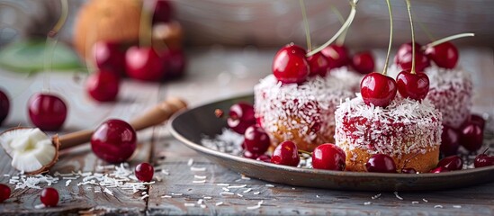 Canvas Print - Cherry and coconut cakes on a plate. Copy space image. Place for adding text and design