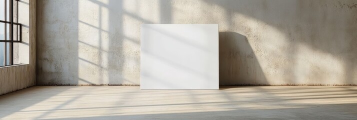 Poster - Blank Canvas Mockup in Minimalist Interior with Sunlight and Shadow - A blank canvas mockup in a minimalist interior setting, showcasing a  clean white canvas against a textured concrete wall with war