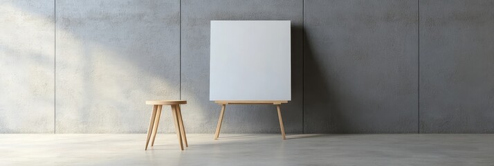 Poster - Blank Canvas Mockup on Easel in Minimalist Interior - A blank canvas on an easel against a grey concrete wall, with a wooden stool, symbolizing creativity, inspiration, artistic expression, and a clea