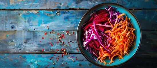 Poster - Metal bowl of salad named Brush Beetroot carrots and cabbage sliced into thin strips with garlic on a blue wooden backdrop Vegetarian organic healthy food diet nutrition Top view copyspace