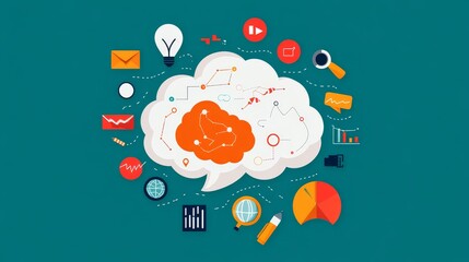 Poster - Brainstorming and Creativity: Ideas for Innovation and Success - A cloud shaped like a brain, with icons representing ideas, innovation, strategy, and success. It symbolizes the power of creative thin