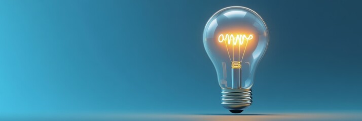 Poster - Bright Idea - Light Bulb on Blue Background - A single light bulb glowing brightly on a blue background symbolizing creativity, innovation, inspiration, new ideas, and solutions.