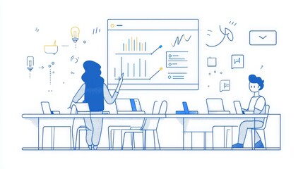 Poster - Business Meeting with Growth Charts and Data Analysis - A team of two professionals are gathered around a table with laptops, discussing a graph on a whiteboard with insights and growth charts, symbol