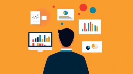 Poster - Businessman Analyzing Data and Charts on Computer Screen - A businessman is sitting in front of a computer screen, analyzing data and charts. The screen is displaying various graphs and diagrams, repr