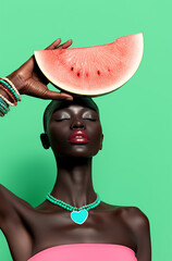 Wall Mural - A half watermelon slice balanced on the head of a woman with dark skin, against a green background. Bold and creative summer fashion portrait.