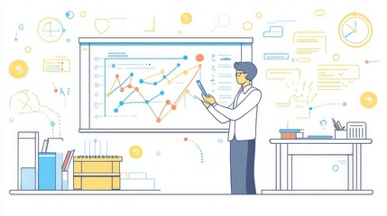 Poster - Businessman Presenting Data Analysis On Whiteboard - A businessman stands near a whiteboard presenting data analysis and insights. He is pointing at the chart, showcasing progress and success.  The sc