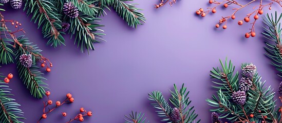 Christmas pattern featuring fir trees and buckthorn berries on a violet background Wallpaper design Natural aesthetics Copy space Flat lay Minimalist concept for winter holidays including Christmas a