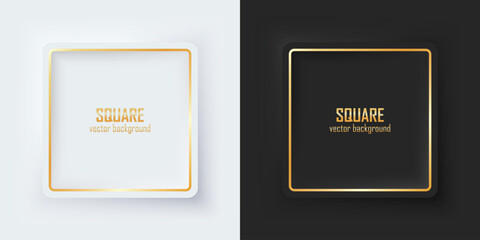 Leinwandbilder - Set of realistic 3d squares. Gold illuminate neon lighting, Square frames on a white and black background in neumorphism style. Elements for design. Top view of the podium. EPS10 vector.