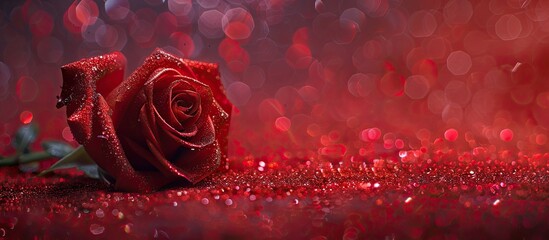 Poster - One Red Rose on a Table Covered in Red Glitter. Copy space image. Place for adding text and design