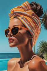 Wall Mural - Model wearing sunglasses and an orange and white headwrap. Chic summer accessory concept.