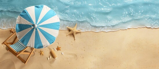 Poster - Aerial view of a beach chair and umbrella on the sand with a sea star. Copy space image. Place for adding text and design