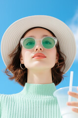 Wall Mural - A stylish woman wearing a wide-brimmed hat and green sunglasses, holding a cold beverage against a bright blue sky. Summer fashion with a vibrant twist.