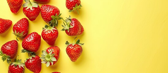 Canvas Print - Ripe strawberries rest on a yellow background Top view. Copy space image. Place for adding text and design