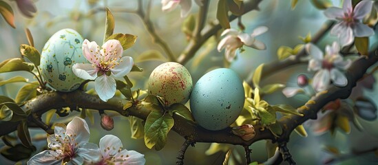 Wall Mural - Beautifully painted Easter eggs nestled in the branches of a blooming apple tree. Copy space image. Place for adding text and design