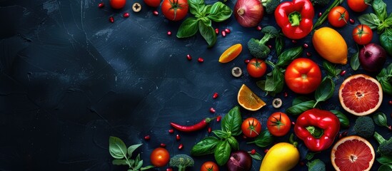 Poster - Arrangement of various fresh organic fruits and vegetables Top view Flat lay Copy space