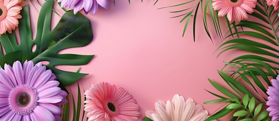 Wall Mural - Vibrant summer backdrop featuring pink purple and white gerbera flowers alongside green leaves on a pink background web banner. Copy space image. Place for adding text and design