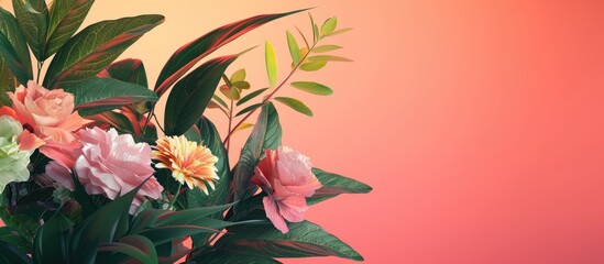 Poster - arrangement of flowers and leaves on a colored background. copy space image. place for adding text a
