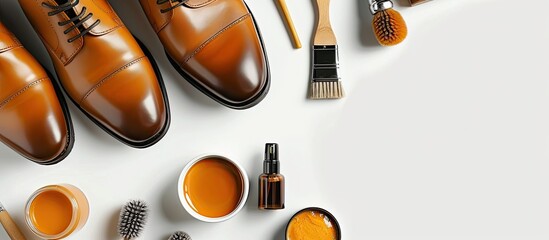 Shoe care products Leather men s shoes shoe polish brushes and wax arranged on a white background top view copy space