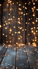 Wall Mural - warm golden fairy lights hanging on a rustic wooden wall creating a cozy atmosphere. ideal for festi
