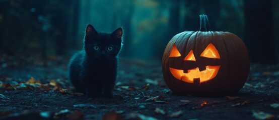 Wall Mural - On a spooky dark background, a haunting Halloween pumpkin and an eerie leopard cub have glowing eyes