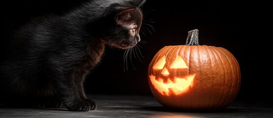 Wall Mural - Halloween Pumpkins and Panther Cubs in Eerie Darkness