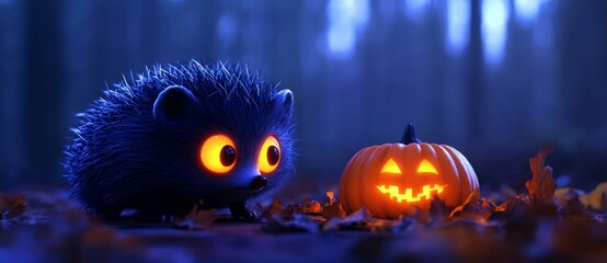 Wall Mural - An eerie Zombie Hedgehog with glowing eyes and a haunting Halloween pumpkin in a dark environment