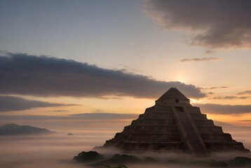 アステカ文明のピラミッド、巨大建造物が美しい夕日と雲海に浮かぶ風景