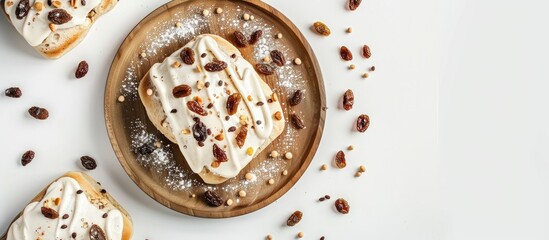 Poster - Flat lay of appetizing healthy and delicious roll sandwiches accompanied by raisins and white sauce on a wooden plate against a white background Food Photography. Copy space image