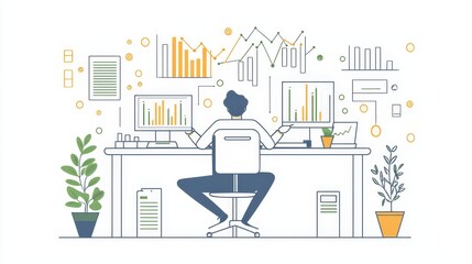 Poster - Data Analyst Working on Charts and Graphs at Desk - A data analyst sits at a desk with multiple computer screens displaying charts and graphs, representing data analysis, business strategy, and proble