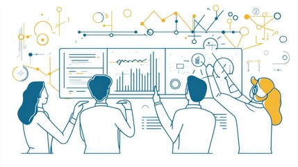 Poster - Data Analysis Team Collaboration: Insights and Strategy - A team of four individuals collaborating around a large screen displaying data visualizations, charts, and graphs.  They are working together 