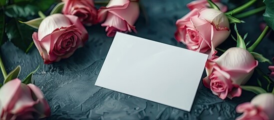 Sticker - Blank white gift card placed among pink roses waiting for your message Blank greeting card and a bouquet of roses on a dark background mockup for your design Celebrating a romantic holiday