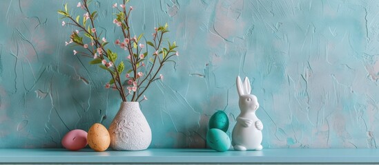 Sticker - Minimalist arrangement of an Easter living room interior featuring copy space an Easter bunny sculpture vibrant Easter eggs a vase with foliage a stucco wall and personal items Home decor Template