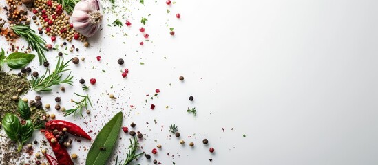 Canvas Print - An assortment of herbs and spices on a white background top view with copyspace