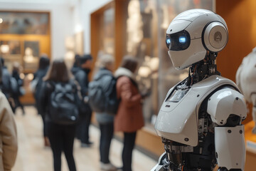 Poster - A white humanoid robot in the museum gives a tour to visitors, telling them about the exhibits.