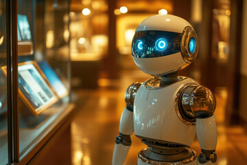 Poster - A white humanoid robot in the museum gives a tour to visitors, telling them about the exhibits.