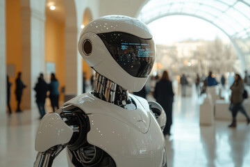 Poster - A white humanoid robot in the museum gives a tour to visitors, telling them about the exhibits.