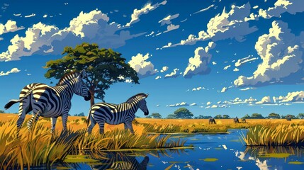 Two Zebras by a Waterway in the Savanna