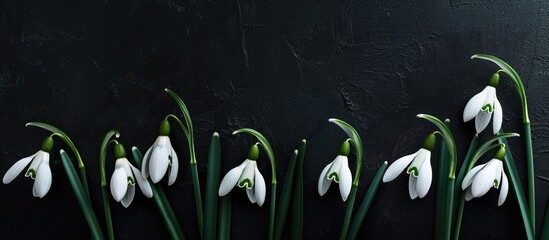 Sticker - Beautiful white snowdrops are arranged in a row against a black textured background These early spring flowers are ideal for postcard decorations providing copy space for a mock up ad in notebooks