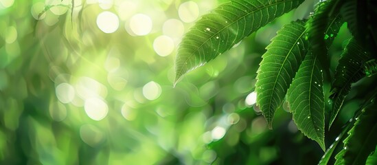 Sticker - Close up view of a green leaf with a blurred green backdrop in the garden featuring copy space and natural bokeh in daylight This conveys a calming color and fresh ambiance ideal for a background or