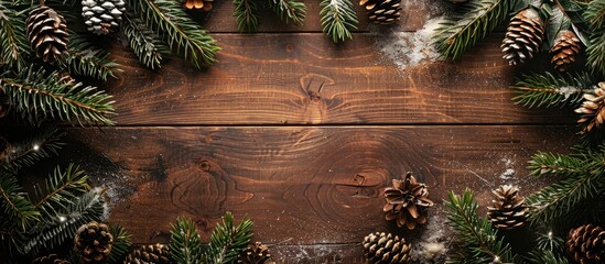 Poster - Christmas background featuring copy space top view of pine tree branches with pine cones and a snow frame on a wooden table Holiday decorations winter festivities concept