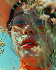 Wall Mural - A close-up portrait of a young woman wearing sunglasses surrounded by wildflowers, capturing the essence of summer. Fashion-forward and nature-inspired.
