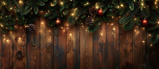 Sticker - Bright and beautiful Christmas garland against a wooden background. Copy space image. Place for adding text and design