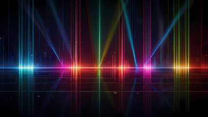 Wall Mural - flat vector background illustrating a laser light show, with beams of different colors shooting across the scene