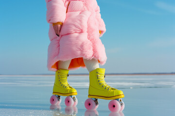 Wall Mural - A woman dressed in a pink fur coat and yellow roller skates glides across a frozen lake under a clear blue sky. Retro meets modern in a surreal winter setting.