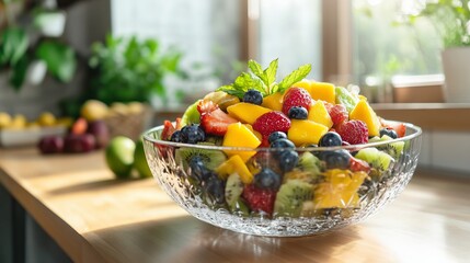 A colorful fruit salad of strawberries, blueberries, kiwi, and mango shines in a sunlit kitchen.