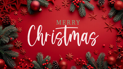 Wall Mural - Merry Christmas, celebration holiday greeting card with text - Red ornaments, christmas baubles and fir branches, frame border decoration, isolated on red paper table background, top view flat lay