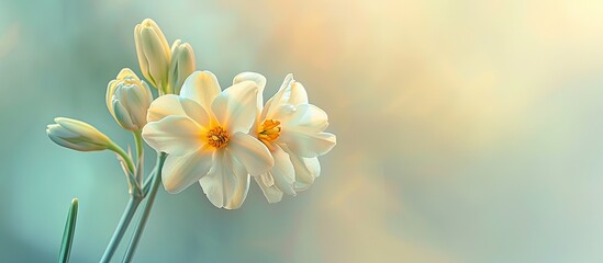 Poster - A soft yellow jonquil flower set against a blurred background. Copy space image. Place for adding text and design